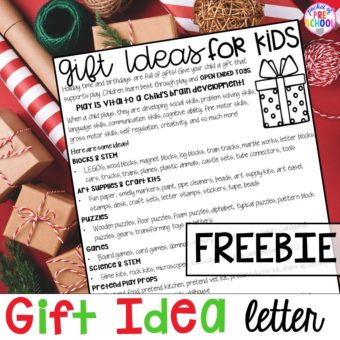 FREE Gift idea list to send home to preschool, pre-k, and kindergarten families for the holidays or at back to school for birthday ideas. #preschool #prek #parentletter #freeprintable