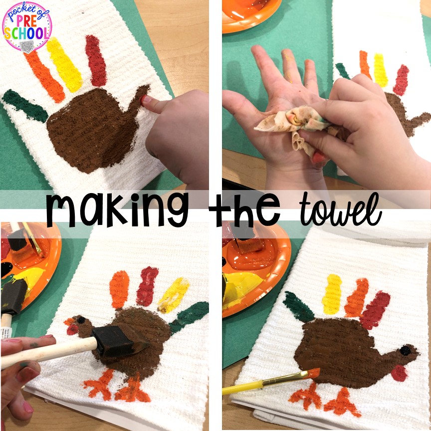 How to make turkey handprint towels for Thanksgiving parent gifts and kid made Thanksgiving cards for the holidays. Perfect for perschool, pre-k, and kindergarten.