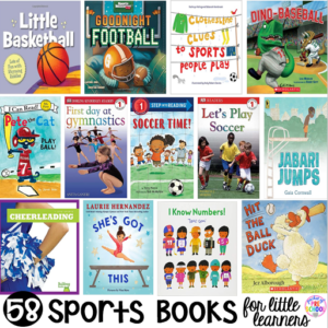 Sports theme booklist and for preschool, pre-k, and kindergarten. Most of these books can be used for a ball study or ball theme too. #booklist #sportstheme #balltheme