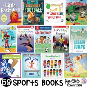 Sports theme booklist and for preschool, pre-k, and kindergarten. Most of these books can be used for a ball study or ball theme too. #booklist #sportstheme #balltheme