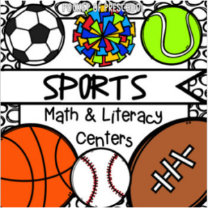 Math and literacy centers with a sports theme made for preschool, pre-k, and kindergarten students
