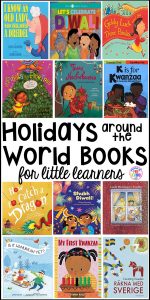 Holidays Around the World book list for preschool, pre-k, and kindergarten - circle time and read aloud books for Kwanzaa, Hanukkah, Lunar New Year, Las Posadas, Saitn Lucia, and Diwali.