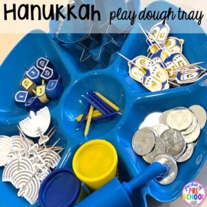 Hanukkah play dough tray plus more art activities for holidays around the world theme. Perfect for preschool, pre-k, and kindergarten.