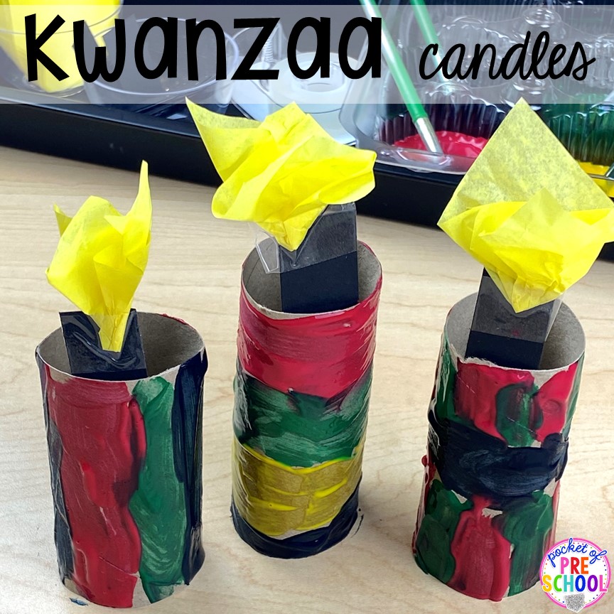Kwanzaa 3D art candles plus more art activities for holidays around the world theme. Perfect for preschool, pre-k, and kindergarten.