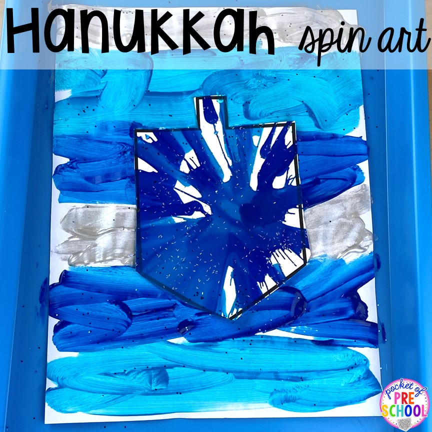Hanukkah spin art plus more art activities for holidays around the world theme. Perfect for preschool, pre-k, and kindergarten.
