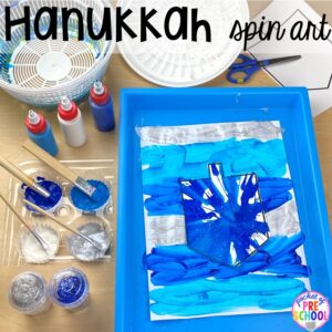 Hanukkah spin art plus more art activities for holidays around the world theme. Perfect for preschool, pre-k, and kindergarten.