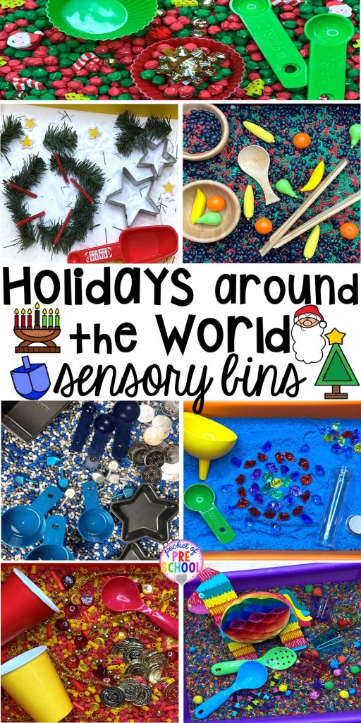 Sensory bins for Holidays Around the World for preschool, pre-k, and kindergarten. (Hanukkah, Las Posadas, Kwanzaa, Lunar New Year, Saint Lucia, and Christmas.