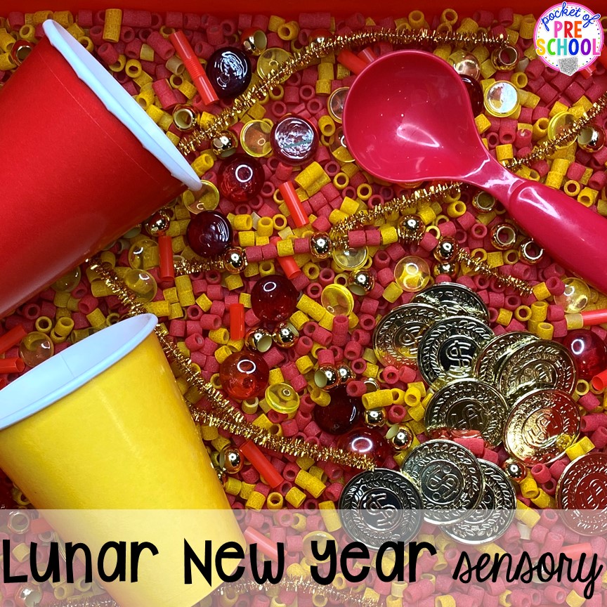 Lunar New Year sensory bin plus more sensory bins for Diwali, Lunar New Year, Kwanzaa, Hanukkah, Saint Lucia, Las Posadas, Ramadan, and Chirstmas for preschool, pre-k, and kindergarten.