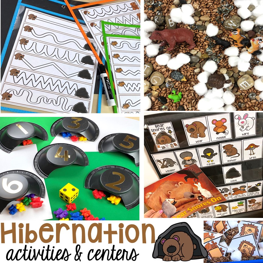 Hibernation centers and activities for preschool, pre-k, and kindergarten. Free pre-writing cards! #hibernantiontheme #wintertheme #preschool #prek #kindergarten