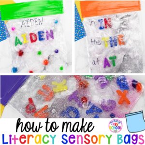 How to make literacy sensory bags (name sensory bag, letter sensory bag, sight word sensory bag). Preschool, pre-k, and kindergarten friends will love them! #sensorybags #gelbags #nameactivity #letteractivity #sighwordactivity