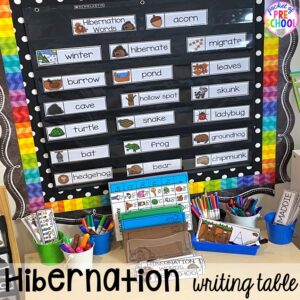 Hibernantion theme writing center! Plus hibernation centers and activities for preschool, pre-k, and kindergarten. #hibernantiontheme #wintertheme #preschool #prek #kindergarten