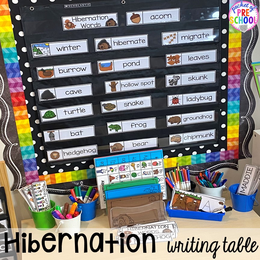 Hibernantion theme writing center! Plus hibernation centers and activities for preschool, pre-k, and kindergarten. #hibernantiontheme #wintertheme #preschool #prek #kindergarten