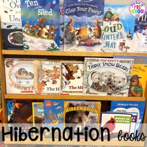 Hibernation circle time books! Plus hibernation centers and activities for preschool, pre-k, and kindergarten. #hibernantiontheme #wintertheme #preschool #prek #kindergarten