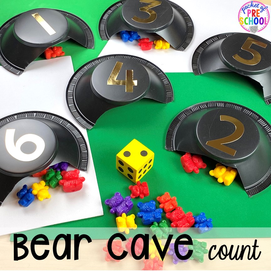 Bear cave count (hibernation math game). Plus hibernation centers and activities for preschool, pre-k, and kindergarten. #hibernantiontheme #wintertheme #preschool #prek #kindergarten