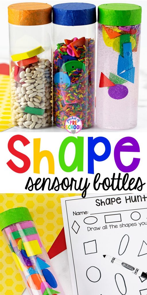 How to make shape sensory bottles and a FREE shape hunt printbales using things you alredy have in your classroom. #shapetheme #sensorybottles #shapeactivity #preschool #prek
