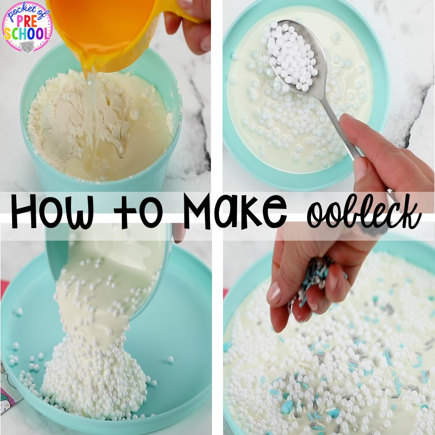 How to make oobleck goop for a winter theme! Sensory fun for preschool, pre-k, and kindergarten! #sensory #oobleck #preschool