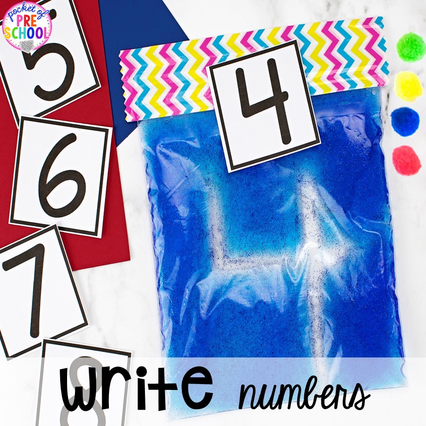 Number Card Freebie! How to make sensory and sensory bag activities (writing letters, numbers, sight words). #sensory #sensorybags #preschool #writing