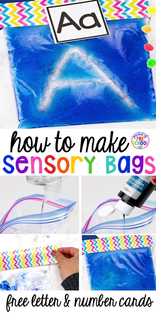 Freebie! How to make sensory and sensory bag activities (writing letters, numbers, sight words). #sensory #sensorybags #preschool #writing