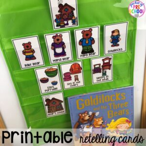 Use printable story retelling cards at circle time. Read aloud and circle time ideas to make it fun and engaging. #circletime #readaloud #retelling #preschool #prek #kindergarten