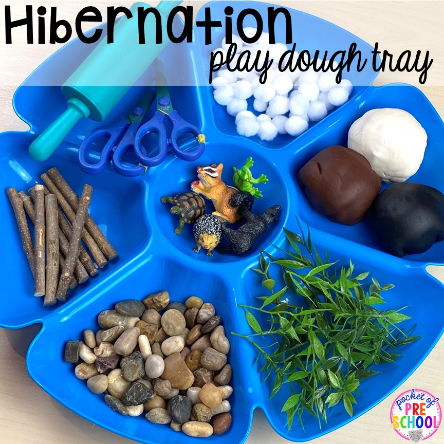 Hibernation playdough tray! Plus hibernation centers and activities for preschool, pre-k, and kindergarten. #hibernantiontheme #wintertheme #preschool #prek #kindergarten