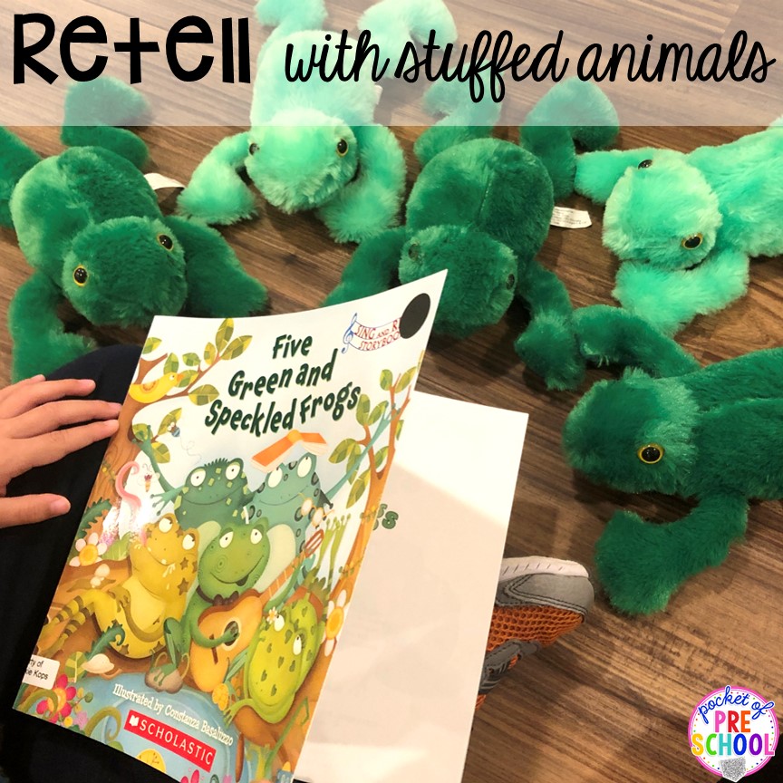 Use stuffed animals to retell stories at circle time. Read aloud and circle time ideas to make it fun and engaging. #circletime #readaloud #retelling #preschool #prek #kindergarten