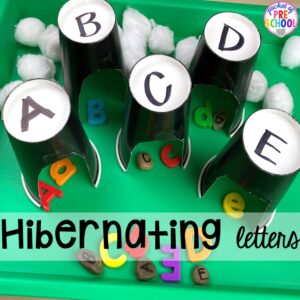 Hibernation letter game! Plus hibernation centers and activities for preschool, pre-k, and kindergarten. #hibernantiontheme #wintertheme #preschool #prek #kindergarten