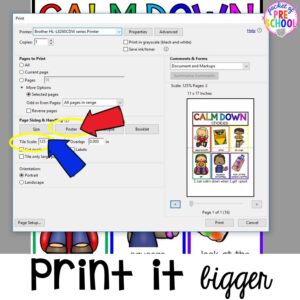 How to print a page in a PDF poster size. Printing PDFs help and tech support (with photos)for teachers who print PDFs plus some tricks to make it quick! #printingtricks #printingpdf #teachertech #preschool #prek