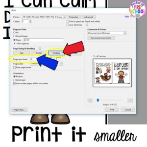 How to print a PDF smaller for pocket charts, mini books, and small classrooms. Printing PDFs help and tech support (with photos)for teachers who print PDFs plus some tricks to make it quick! #printingtricks #printingpdf #teachertech #preschool #prek