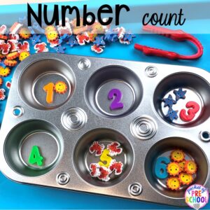 Number count with mini erasers! Plus more fun tray activities to develop fine motor, literacy, and math skills your preschoolers, per-k, and toddler kiddos will LOVE! #preschool #preschoolmath #letteractivities #finemotor #sensory