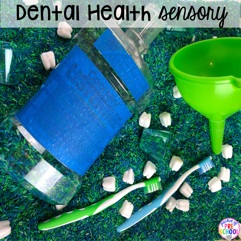 Dental health sensory bin plus 40 sensory bin ideas for the whole year! #sensorybin #sensorytable #sensory #sesoryplay #preschool #prek #kindergarten