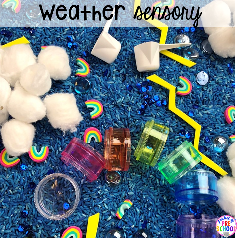Weather sensory bin plus 40 sensory bin ideas for the whole year! #sensorybin #sensorytable #sensory #sesoryplay #preschool #prek #kindergarten