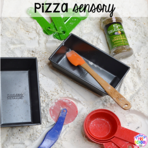 Pizza sensory bin plus 40 sensory bin ideas for the whole year! #sensorybin #sensorytable #sensory #sesoryplay #preschool #prek #kindergarten
