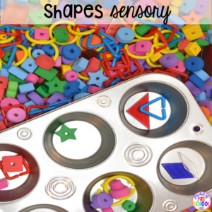 2D Shapes sensory bin plus 40 sensory bin ideas for the whole year! #sensorybin #sensorytable #sensory #sesoryplay #preschool #prek #kindergarten