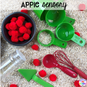 Apple sensory bin plus 40 sensory bin ideas for the whole year! #sensorybin #sensorytable #sensory #sesoryplay #preschool #prek #kindergarten