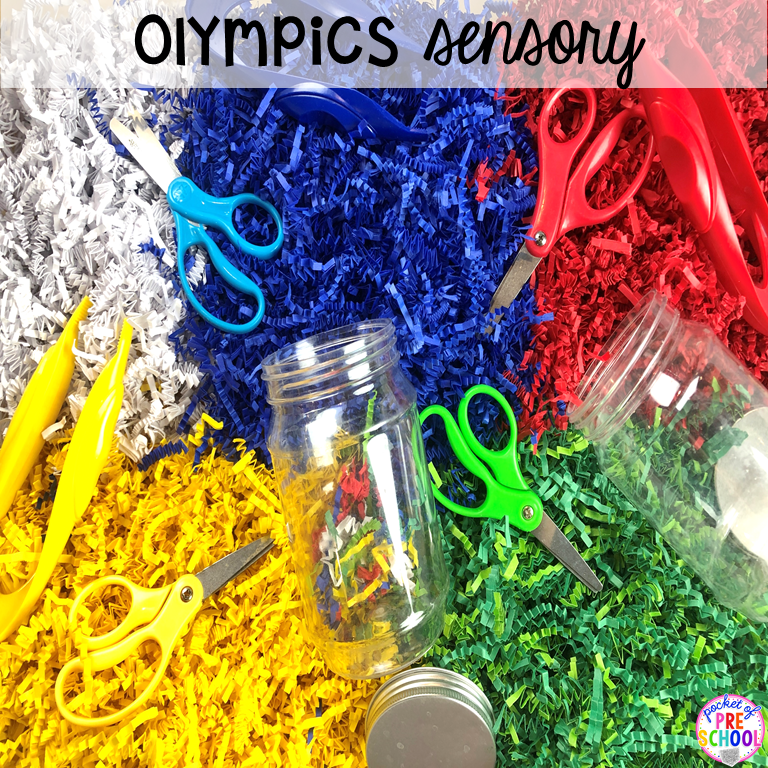 Olympics sensory bin plus 40 sensory bin ideas for the whole year! #sensorybin #sensorytable #sensory #sesoryplay #preschool #prek #kindergarten