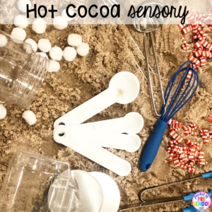 Hot cocoa sensory bin plus 40 sensory bin ideas for the whole year! #sensorybin #sensorytable #sensory #sesoryplay #preschool #prek #kindergarten