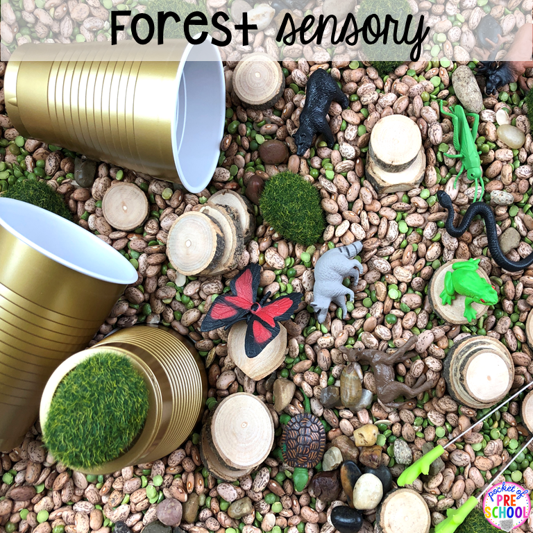 Forest sensory bin or camping sensory bin plus 40 sensory bin ideas for the whole year! #sensorybin #sensorytable #sensory #sesoryplay #preschool #prek #kindergarten