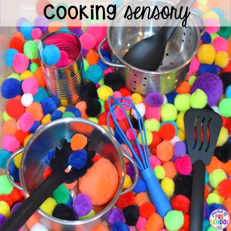 Cooking sensory bin plus 40 sensory bin ideas for the whole year! #sensorybin #sensorytable #sensory #sesoryplay #preschool #prek #kindergarten