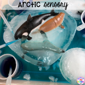 Arctic sensory bin plus 40 sensory bin ideas for the whole year! #sensorybin #sensorytable #sensory #sesoryplay #preschool #prek #kindergarten