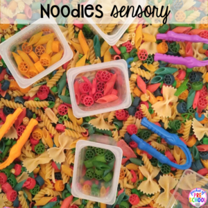 Noodles sensory bin plus 40 sensory bin ideas for the whole year! #sensorybin #sensorytable #sensory #sesoryplay #preschool #prek #kindergarten