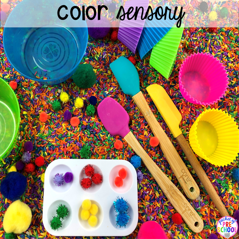 Color sensory bin plus 40 sensory bin ideas for the whole year! #sensorybin #sensorytable #sensory #sesoryplay #preschool #prek #kindergarten