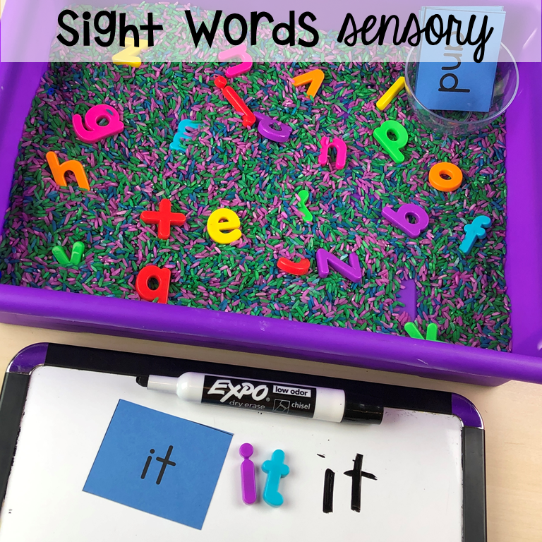 Sight word sensory bin plus 40 sensory bin ideas for the whole year! #sensorybin #sensorytable #sensory #sesoryplay #preschool #prek #kindergarten