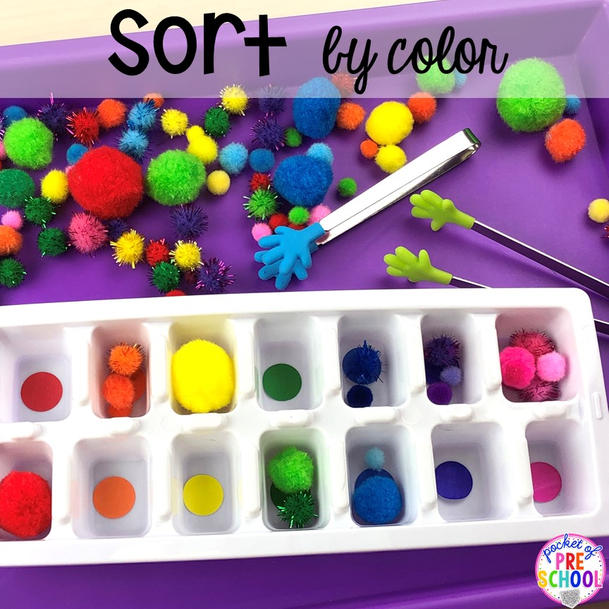 Sort the color tray activity! Plus more fun tray activities to develop fine motor, literacy, and math skills your preschoolers, per-k, and toddler kiddos will LOVE! #preschool #preschoolmath #letteractivities #finemotor #sensory