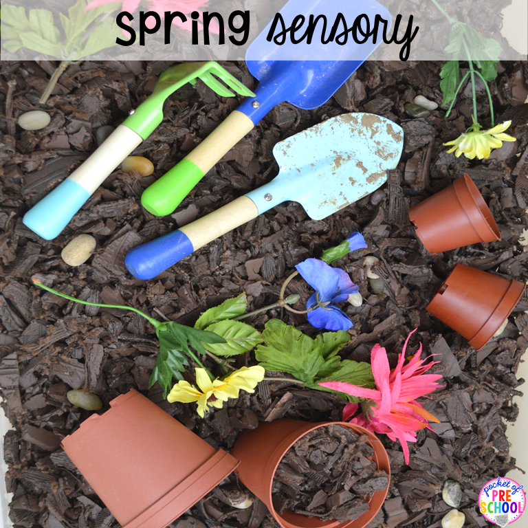 Spring or planting sensory bin plus 40 sensory bin ideas for the whole year! #sensorybin #sensorytable #sensory #sesoryplay #preschool #prek #kindergarten