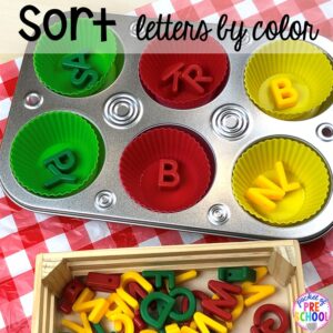 Sort letters by color! Plus more fun tray activities to develop fine motor, literacy, and math skills your preschoolers, per-k, and toddler kiddos will LOVE! #preschool #preschoolmath #letteractivities #finemotor #sensory