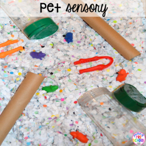 Pet sensory bin plus 40 sensory bin ideas for the whole year! #sensorybin #sensorytable #sensory #sesoryplay #preschool #prek #kindergarten