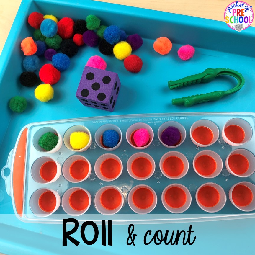 Roll and count tray activity! Plus more fun tray activities to develop fine motor, literacy, and math skills your preschoolers, per-k, and toddler kiddos will LOVE! #preschool #preschoolmath #letteractivities #finemotor #sensory