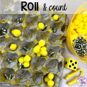 Bee theme roll and count tray activity! Plus more fun tray activities to develop fine motor, literacy, and math skills your preschoolers, per-k, and toddler kiddos will LOVE! #preschool #preschoolmath #letteractivities #finemotor #sensory