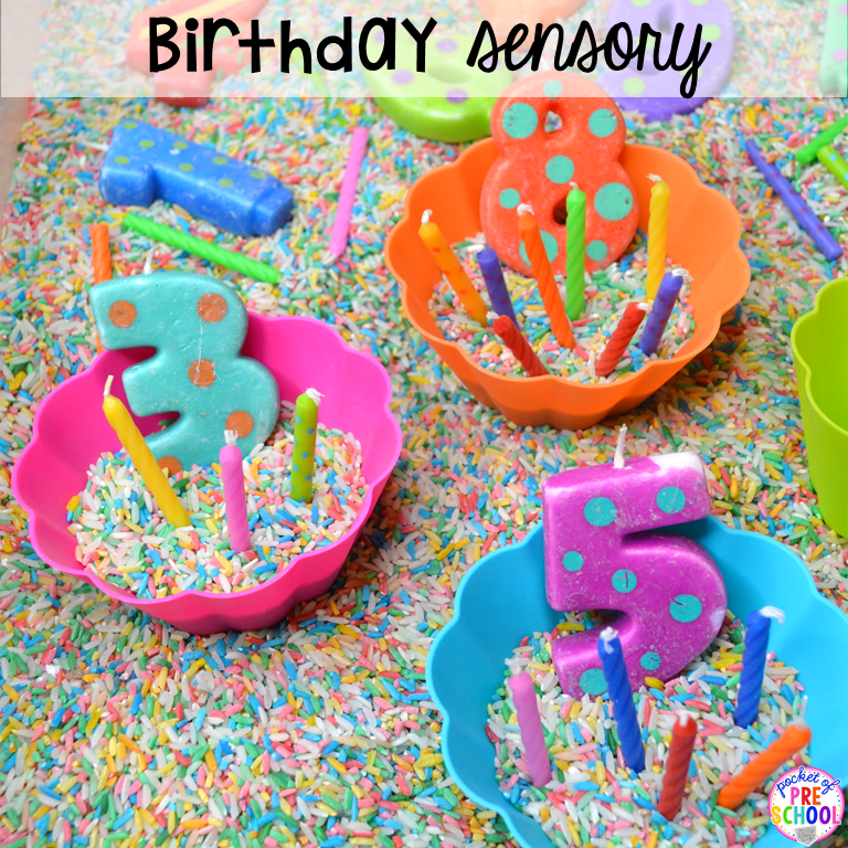 Birthday sensory bin plus 40 sensory bin ideas for the whole year! #sensorybin #sensorytable #sensory #sesoryplay #preschool #prek #kindergarten