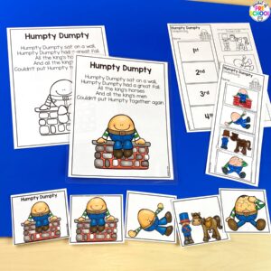 14 Nursery Rhyme poems, covers, and sequencing worksheets plus 15 more nursery rhyme activities for your preschool, pre-k, and kindergarten students.
